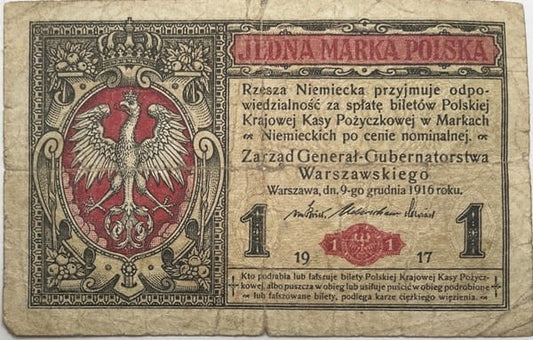 Banknot 1 marka polska 1917 r. stan 4 generał