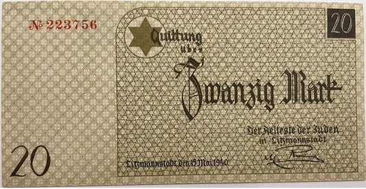 Banknot 20 marek 1940 Getto w Łodzi
