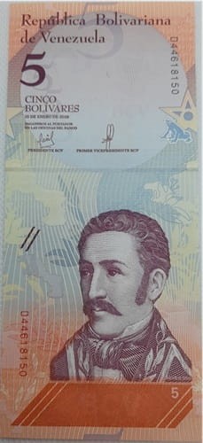 Wenezuela banknot 5 Bolivares 2018 r. UNC