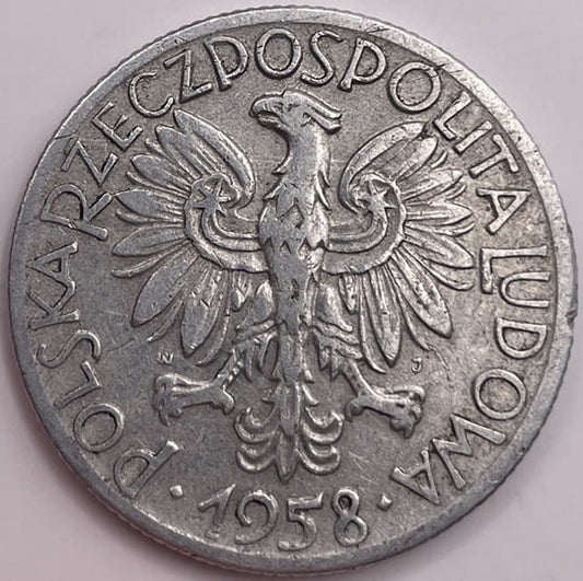 Moneta 5 zł Rybak 1958 r. stan 3 wąska "8"