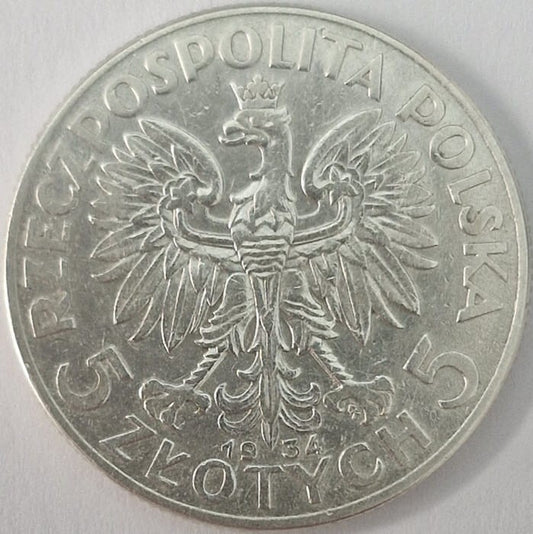 Moneta 5 złotych 1934 Polonia Głowa Kobiety stan 2