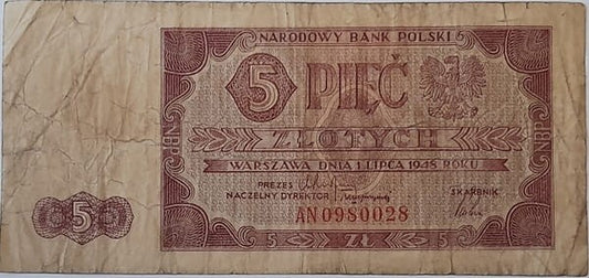 Banknot 5 złotych 1948 r. stan 4