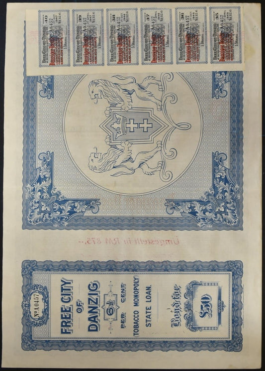 Akcja Tobacco Monopoly 50 funtów 1927 Danziger Besitz