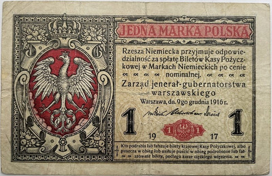 Banknot 1 marka polska 1917 r. stan 4 jenerał