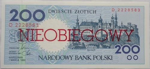 Banknot 200 złotych Kraków 1990 r. Nieobiegowy