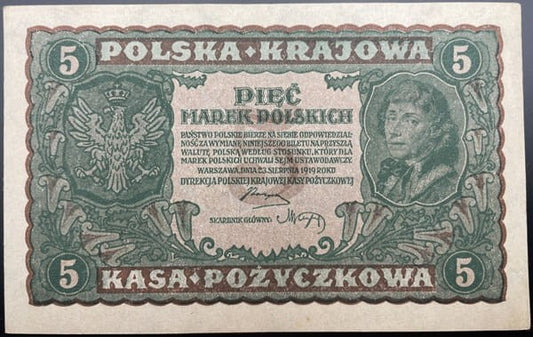 Banknot 5 marek polskich 1919 r. stan 1