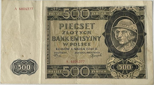 Banknot 500 zł 1940 r. stan 3