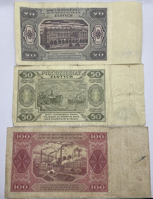 Banknoty 20 zł 50 zł 100 zł zestaw 1948