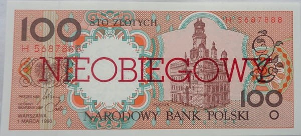 Banknot 100 złotych Poznań 1990 r. Nieobiegowy