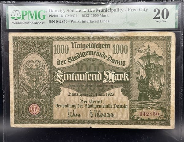Banknot 1000 marek 1923 r. PMG 20 Wolne Miasto Gdańsk